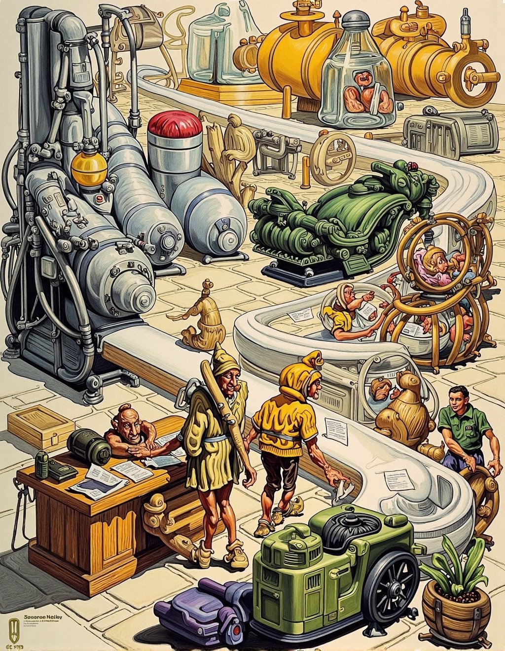 Josh Kirby Style,  A fantastical postal service sorting facility where mail from across dimensions is processed by impossi...
