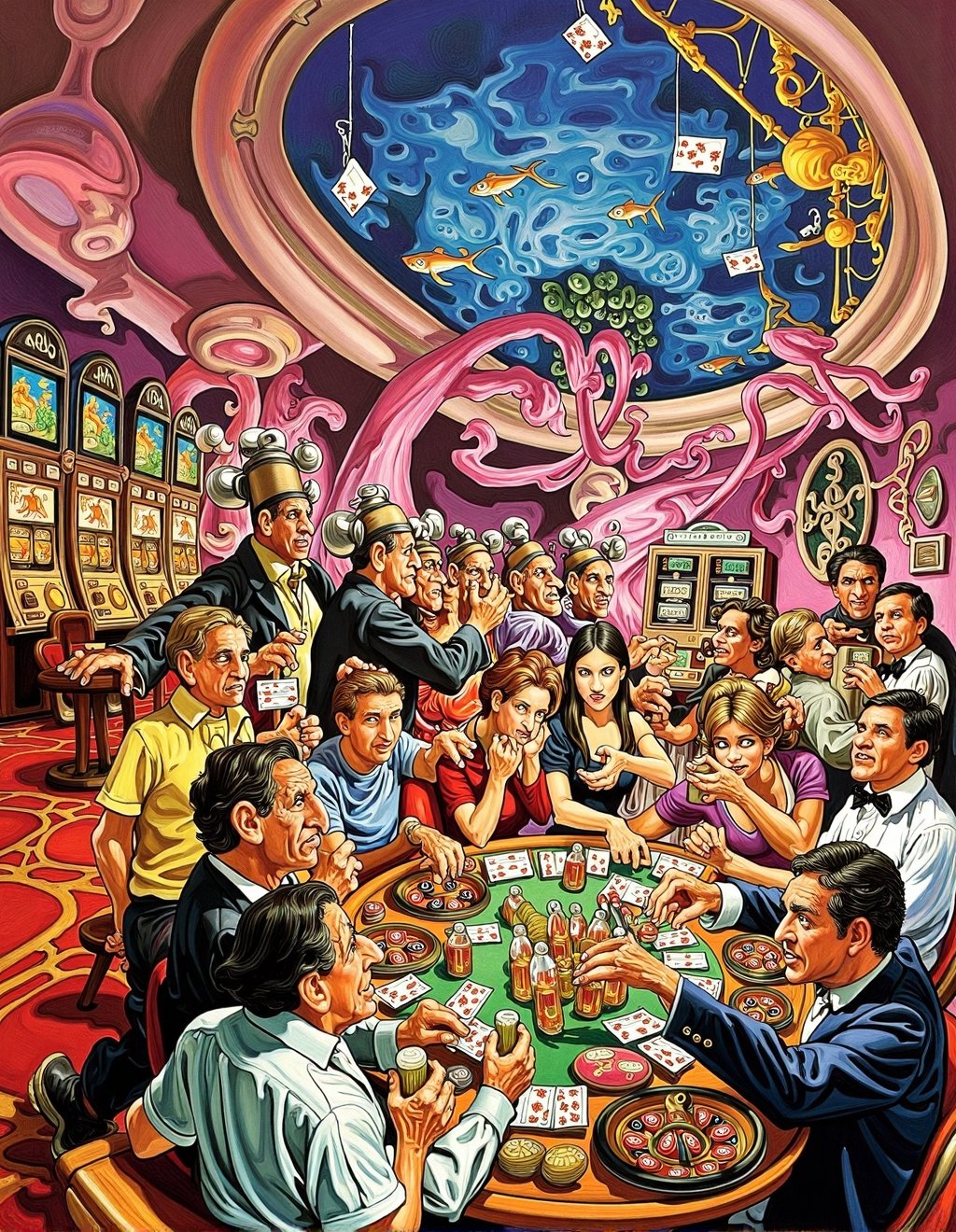 Josh Kirby Style,  A fantastical casino where patrons wager more than money on games defying probability. Dealers with mul...