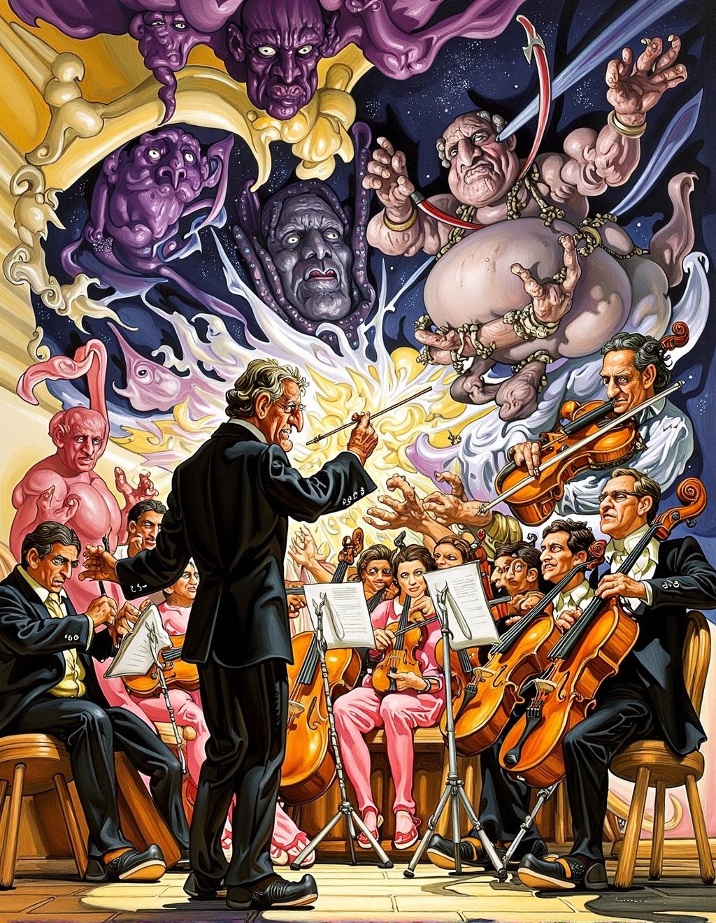 Josh Kirby Style,  A fantastical orchestra performing music that alters reality around them. The conductor,  whose body st...