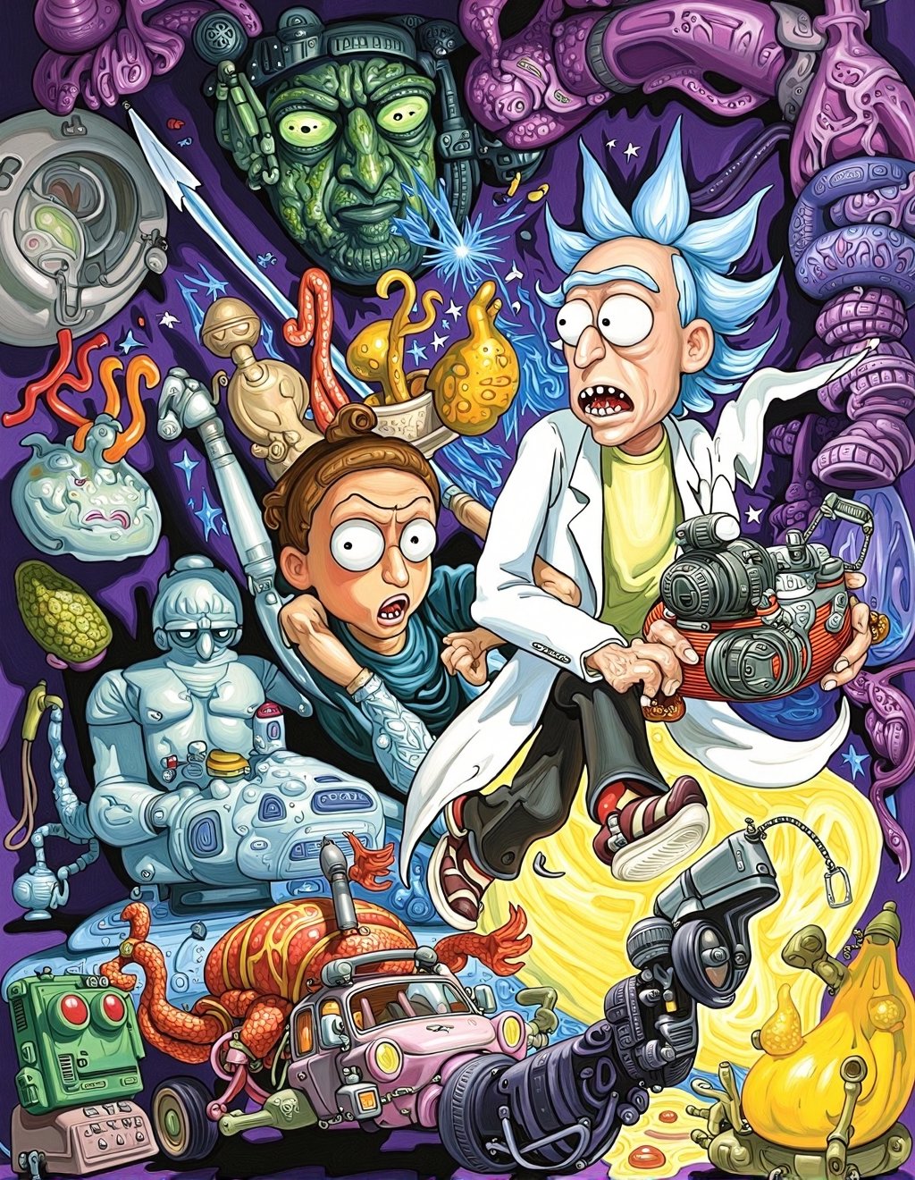 Josh Kirby Style,  Rick and Morty explore a dimension where biological and technological evolution took fantastic divergen...