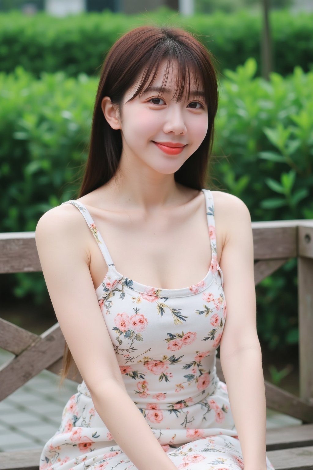 The image shows a young asian woman sitting on a wooden bench in an outdoor setting. The person is wearing a floral dress....