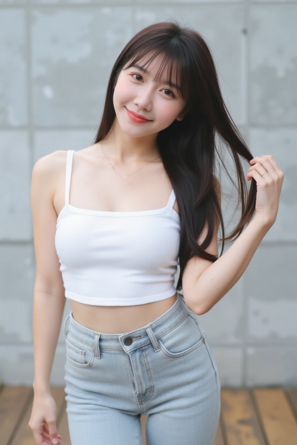 The image shows a young asian standing against a gray concrete block wall. She is wearing a white sleeveless crop top and...