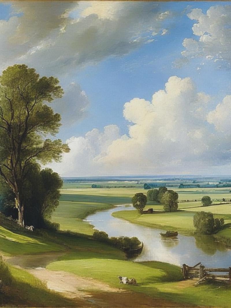 Art by John Constable - A pastoral scene featuring a river winding through a meadow,  with a color palette dominated by so...