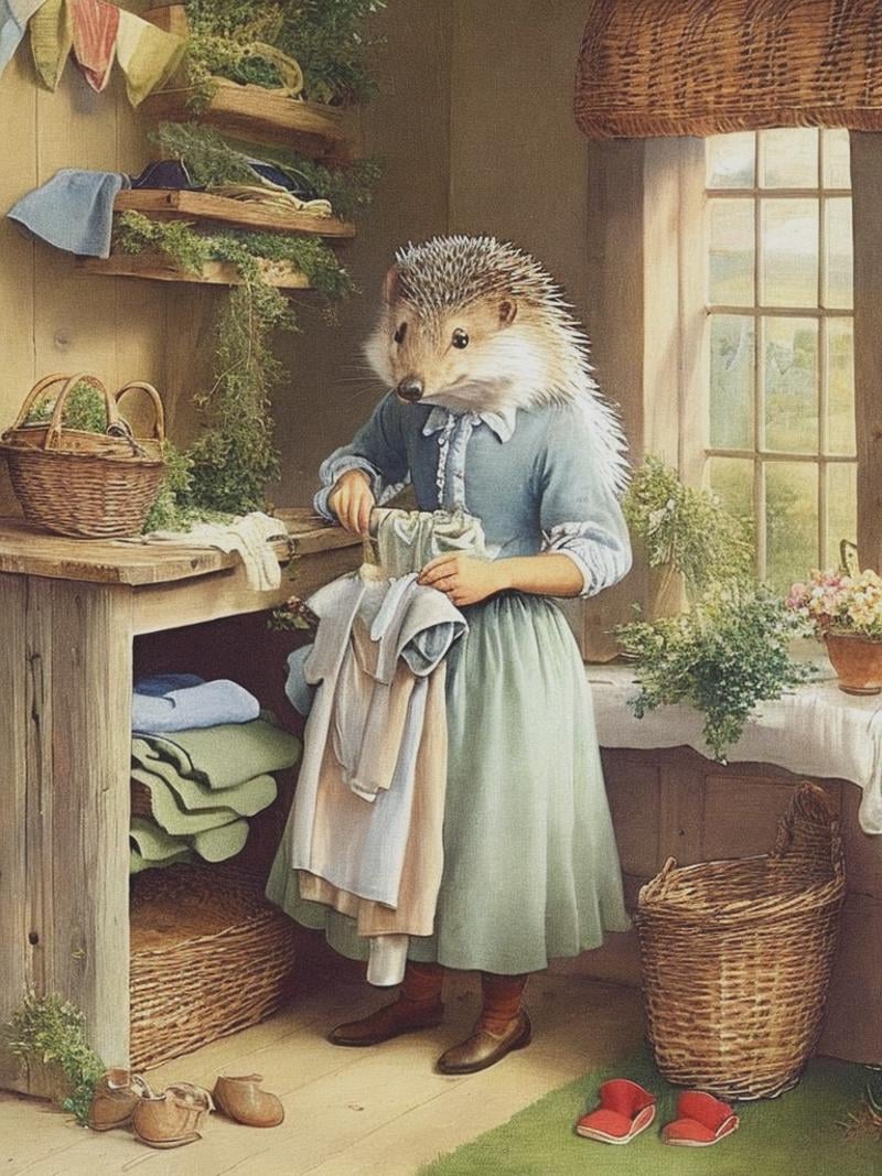 vintage illustration Beatrix Potter style of a mother hedgehog in a dress,  ironing clothes in a cottage by Kappa_Neuro on...