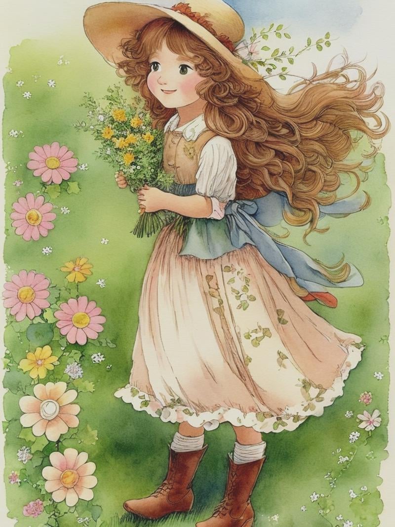 Vintage Holly Hobbie illustration style. She has a lightly pencil drawn face with big brown expressive eyes,  sweet and ge...