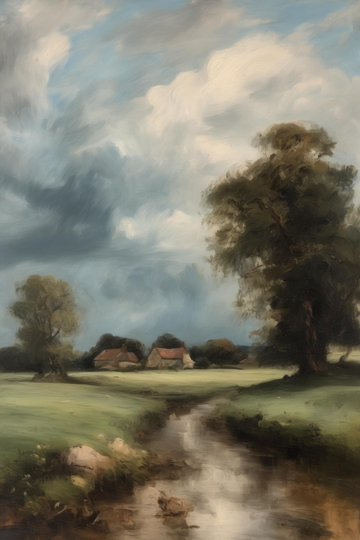 John Constable Style - A 19th century tonalist landscape oil painting of a rural landscape with a farm and stormy cloudy s...