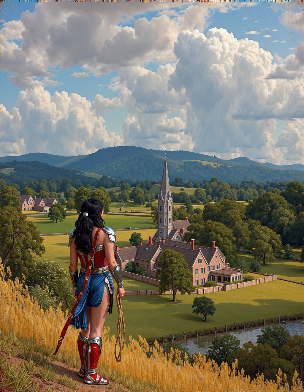 John Constable Style,  Wonder Woman stands atop a verdant English hillside,  observing a tranquil valley where her tempora...