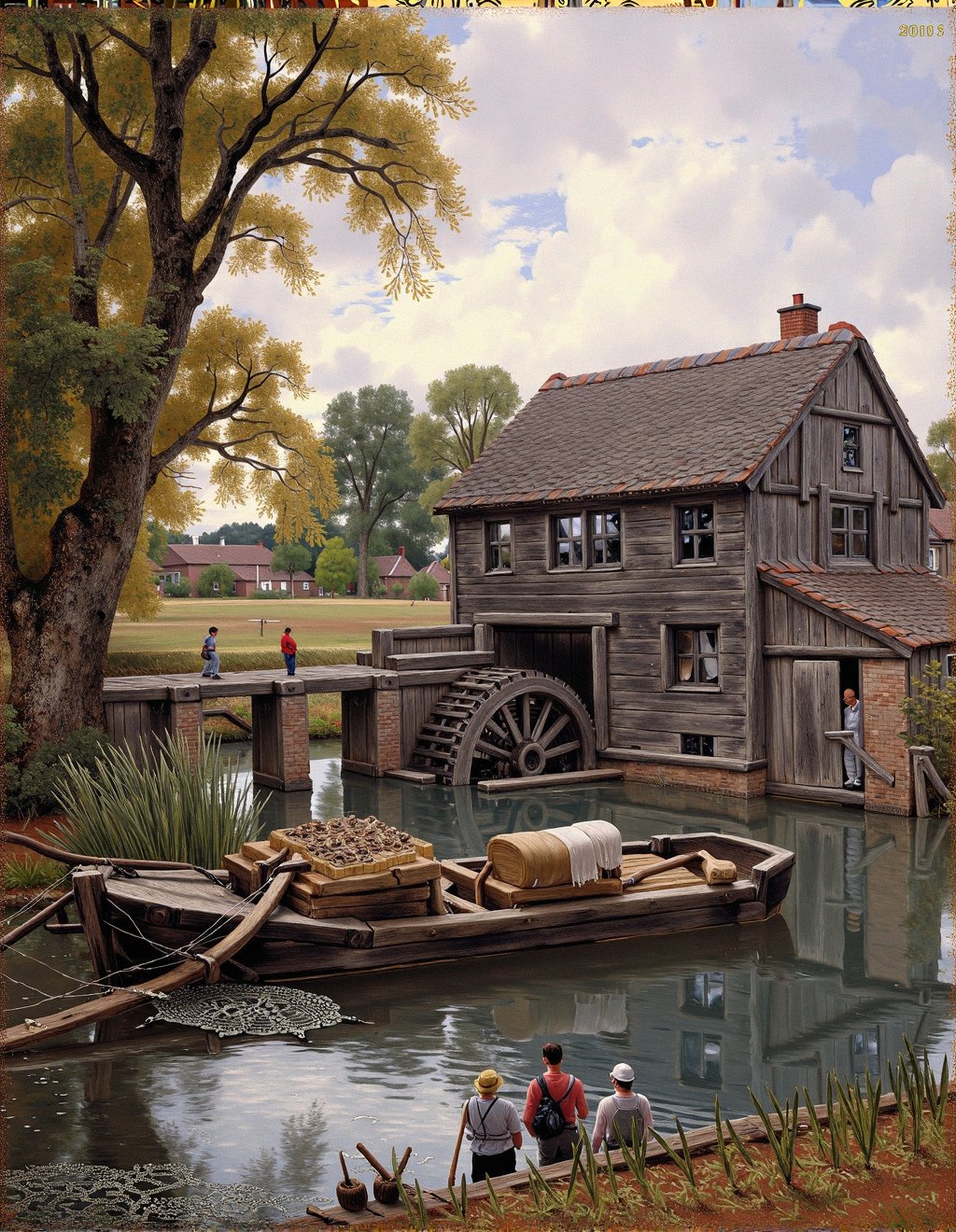 John Constable Style,  Flatford Mill stands beside the tranquil river,  its weathered timber frame reflected perfectly in...