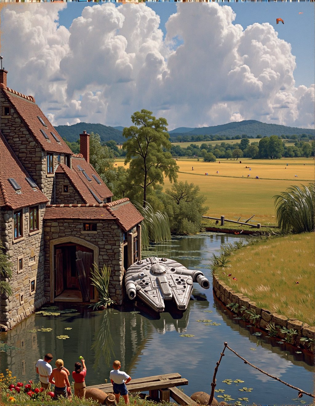 John Constable Style,  The Millennium Falcon rests beside a meandering river where Han Solo and Chewbacca make repairs to...