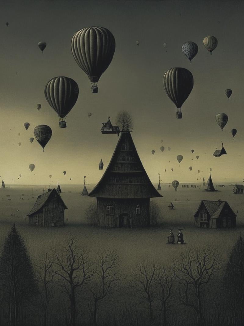 hot air balloons with a dark twist scary creepy grim surreal illustration donken grimdark dark ominous John Kenn Mortensen...