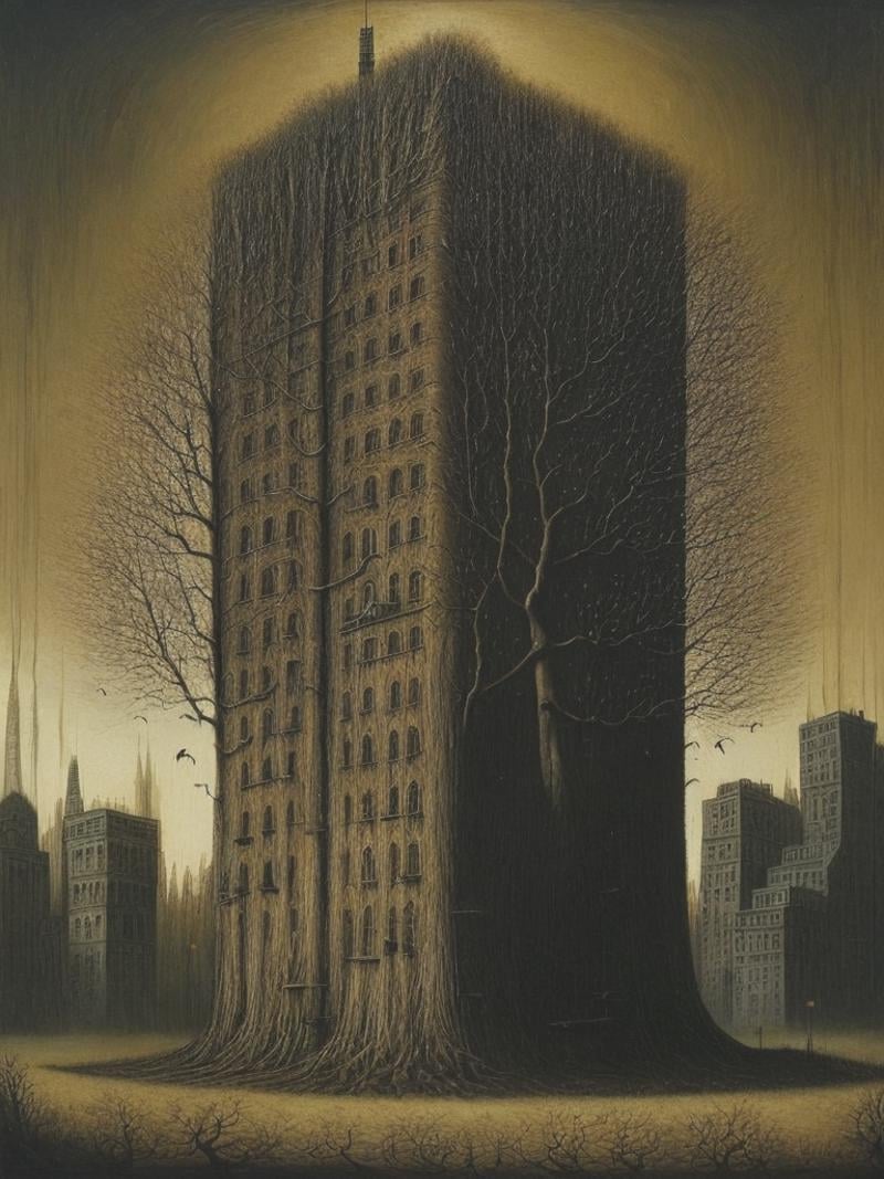 by John Kenn Mortensen,  by Karol Bak,  a tree displaced by skyscrapers by Kappa_Neuro on Tensor.Art