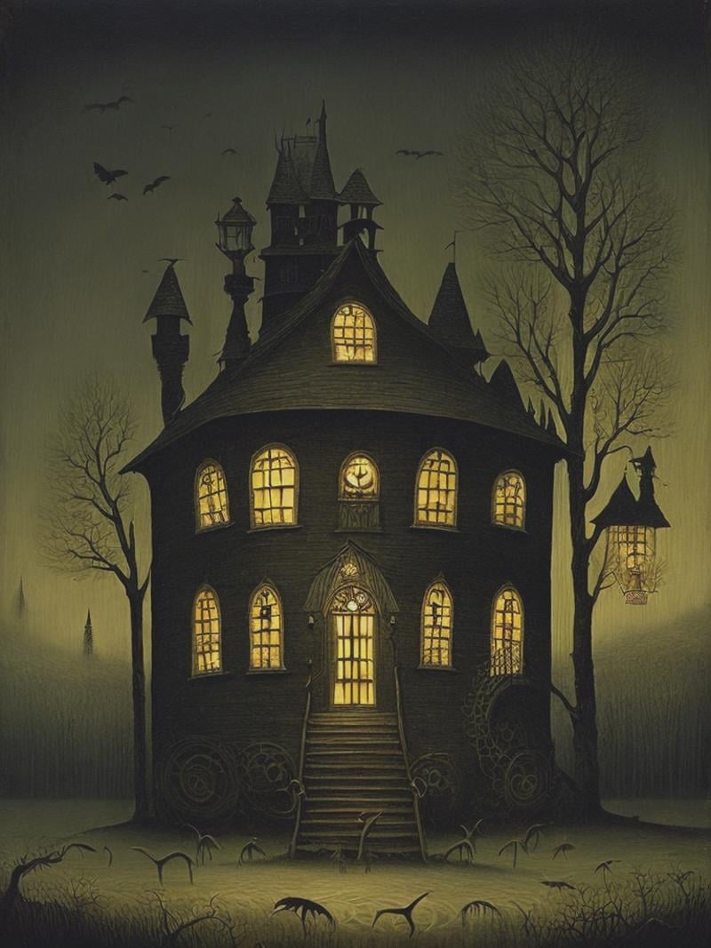 john kenn mortensen style,  haunted house full of monsters by Kappa_Neuro on Tensor.Art