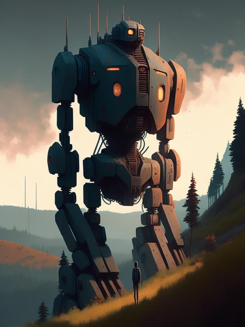 The Iron Giant overlooking a hillside,  perspective painting,  style of Simon Stålenhag by Kappa_Neuro on Tensor.Art