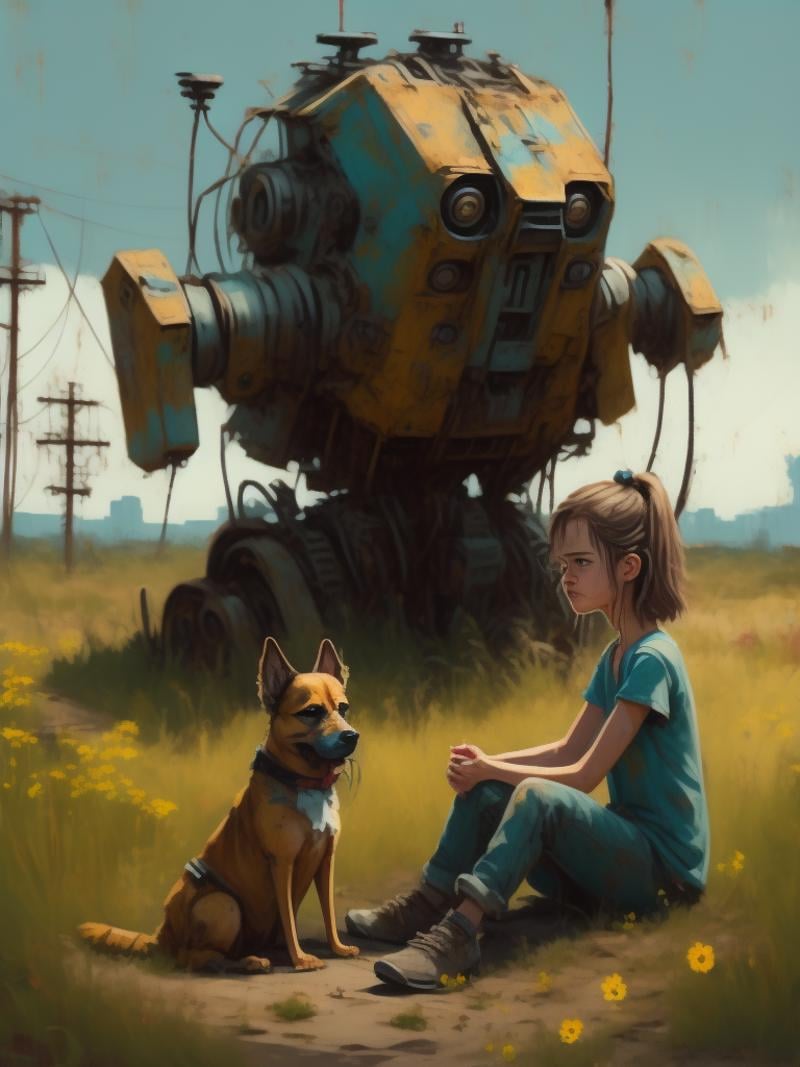 image of a gouache painting of a young boy and a young girl with their dog looking at an abandoned rusty and broken police...
