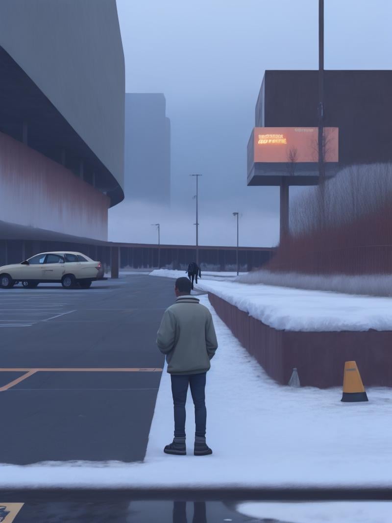 a man standing on a sidewalk next to a parking lot by Simon Stålenhag by Kappa_Neuro on Tensor.Art