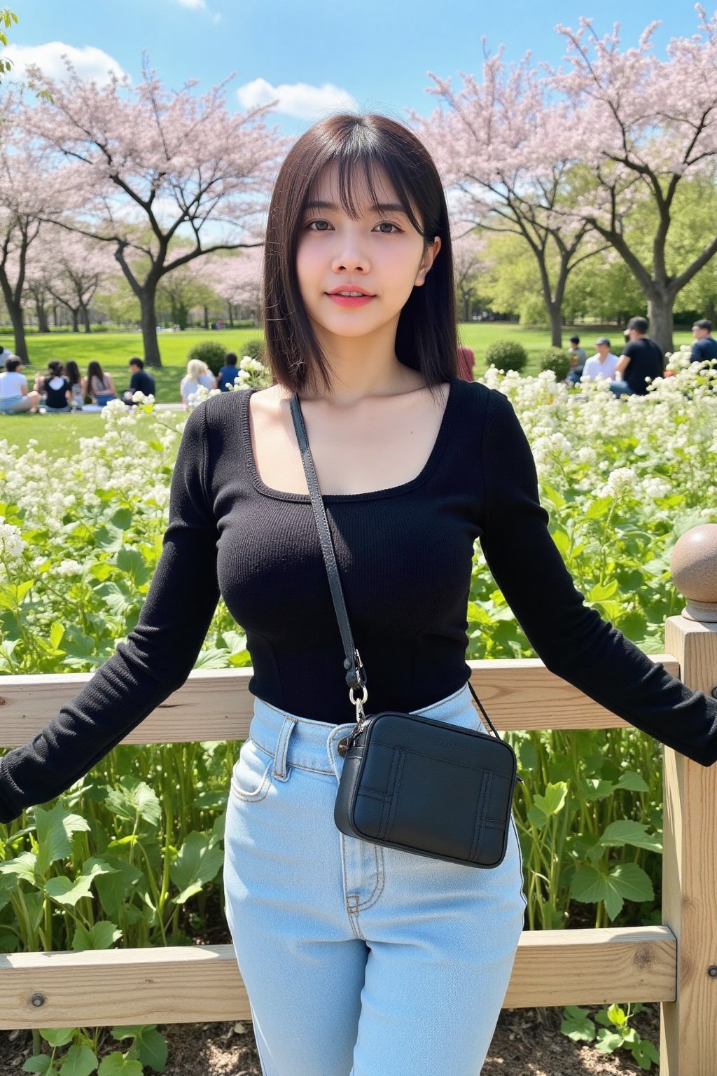 The image shows a young asian woman standing in front of a wooden fence,  with her arms outstretched. She is wearing a bla...