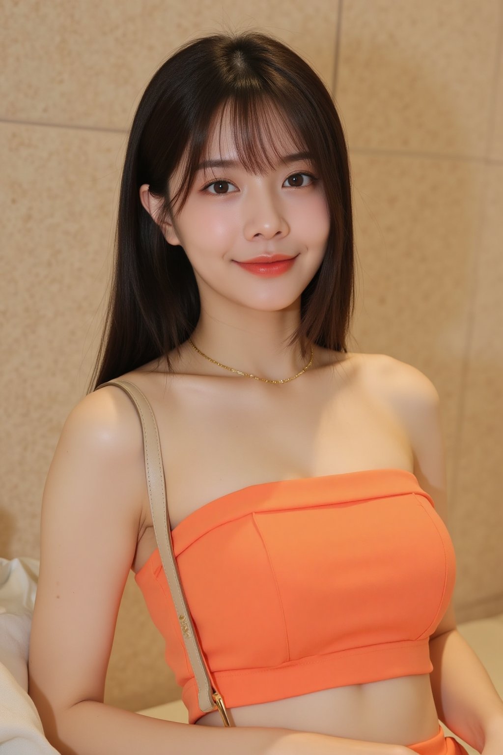 The image shows a young asian woman,  wearing a strapless orange top. She has a delicate necklace,  a light-colored strap...