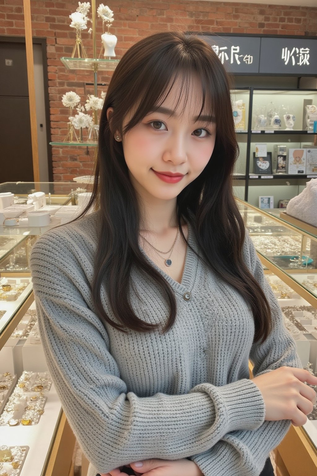 The image shows a young asian woman wearing a light gray sweater. She is standing in back of a display that appears to be...