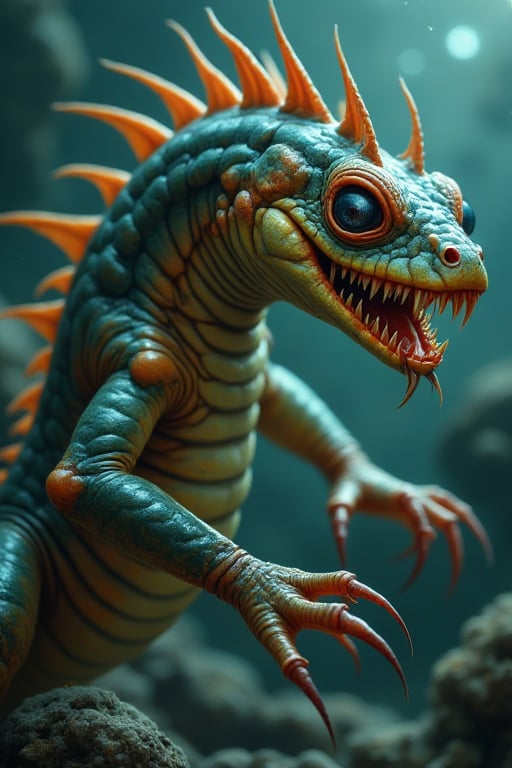 A thin predatory chupicabra monster,  a smooth skinned long eellike body. A salamander like amphibian creature with sharp...
