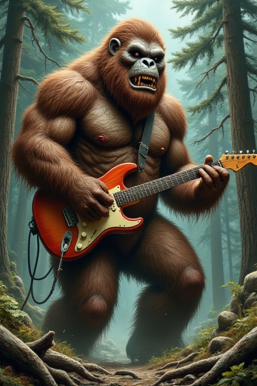 A large powerful Bigfoot,  the creature is burly and gairy and playing electric guitar in the origin forest by user_810564...