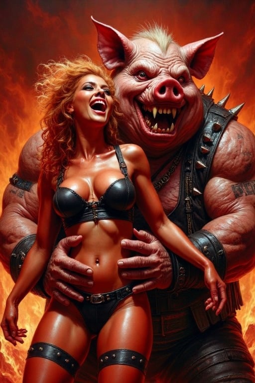 beautiful red skinned succubus woman,  (((hair is fire and flame))) hair made from fire,  who is busty and slender and ski...