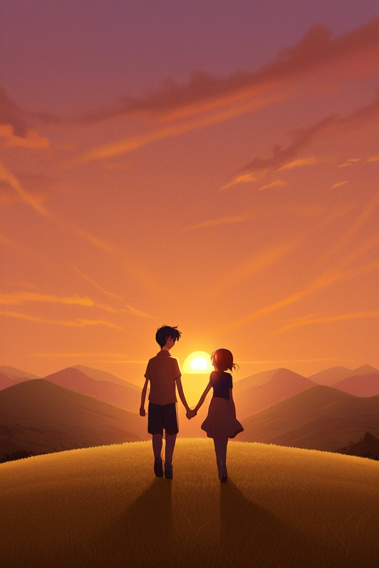 Anime boy and girl holding hands at sunset on a hill,  warm orange glow,  soft romantic anime style by Imagera  on Tensor.Art