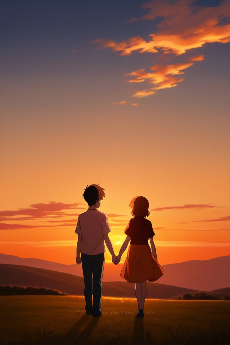 Anime boy and girl holding hands at sunset on a hill,  warm orange glow,  soft romantic anime style by Imagera  on Tensor.Art