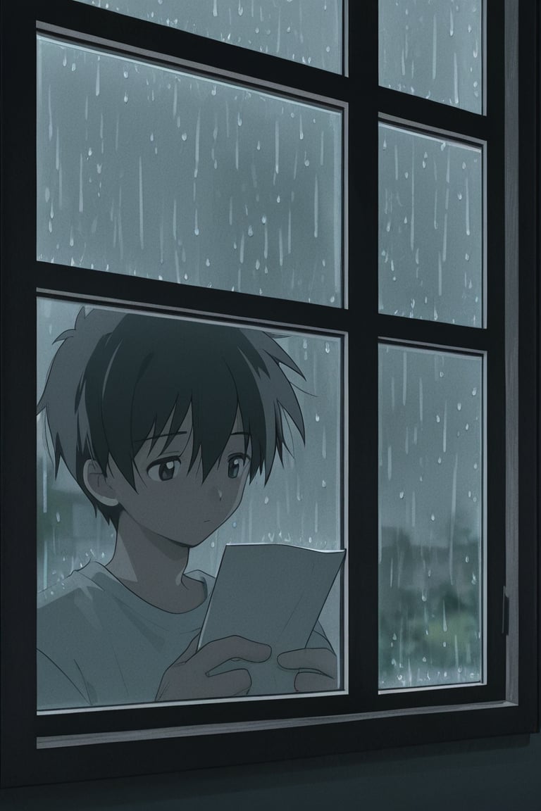 Anime boy reading a letter by the window on a rainy day,  moody cozy atmosphere,  detailed anime background by Imagera  on...