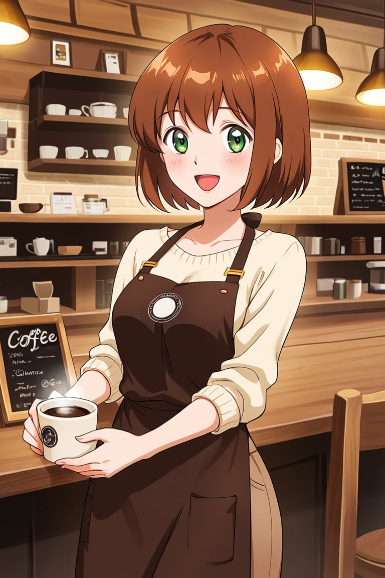 Cute anime girl barista smiling warmly in a cozy café,  coffee aroma atmosphere,  casual slice of life anime scene by Imag...