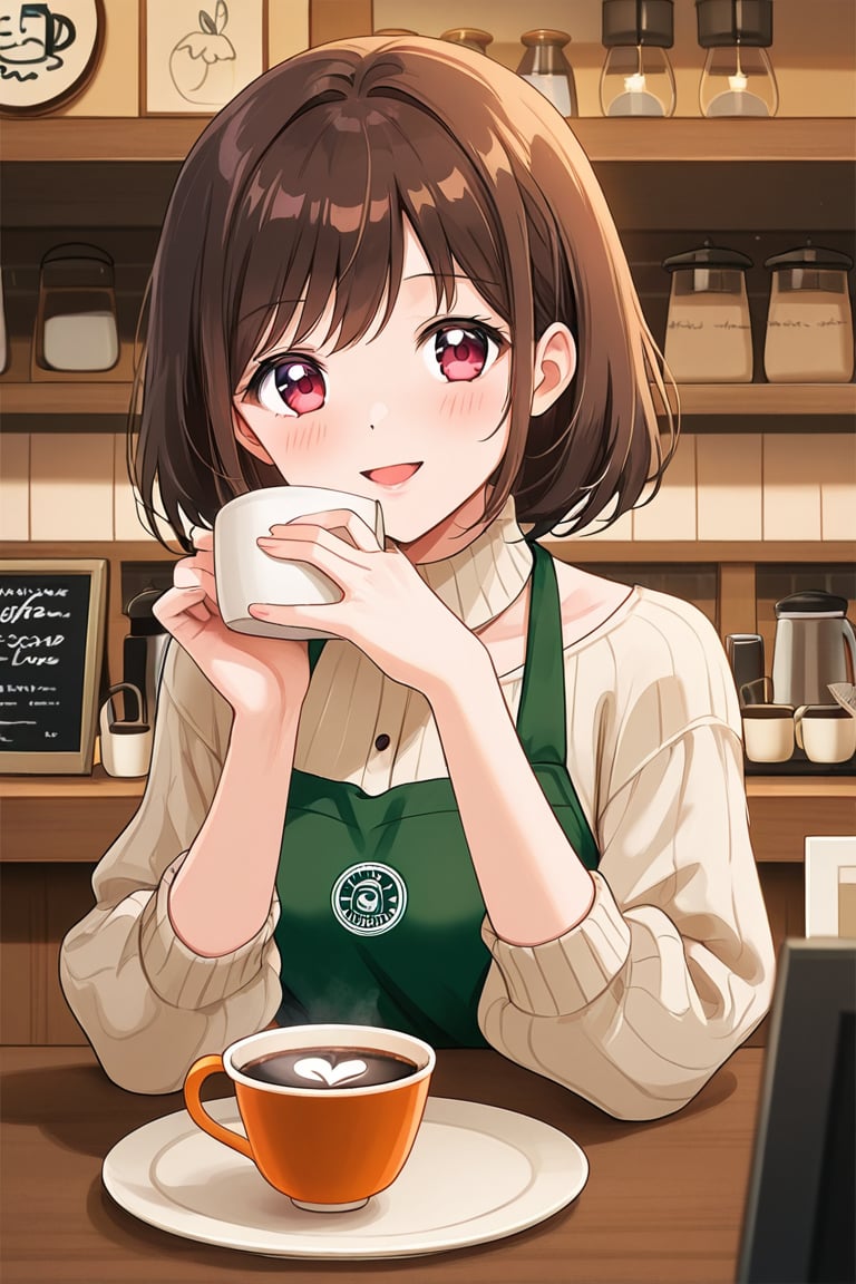 Cute anime girl barista smiling warmly in a cozy café,  coffee aroma atmosphere,  casual slice of life anime scene by Imag...