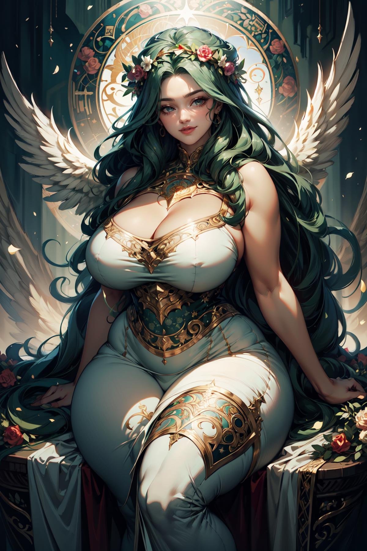 A portrait of the zodiac sign Virgo as a gorgeous woman: with long dark green hair,  with a wreath of flowers on head,  ve...
