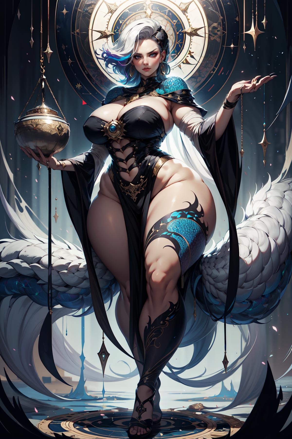 A portrait of the zodiac sign Libra as a gorgeous woman: white hair,  black hair,  multicolored hair by PulenKompot on Ten...