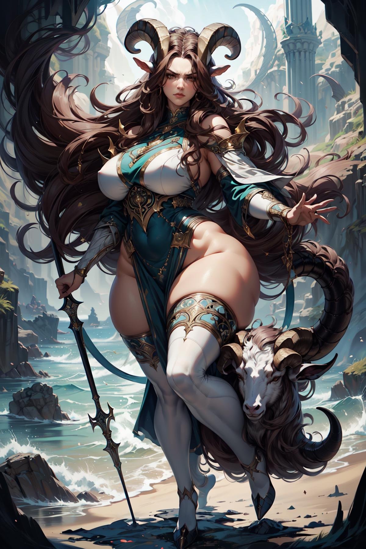 A portrait of the zodiac sign Capricorn as a gorgeous woman: with long silver and brown hair,  dual hair color,  with larg...