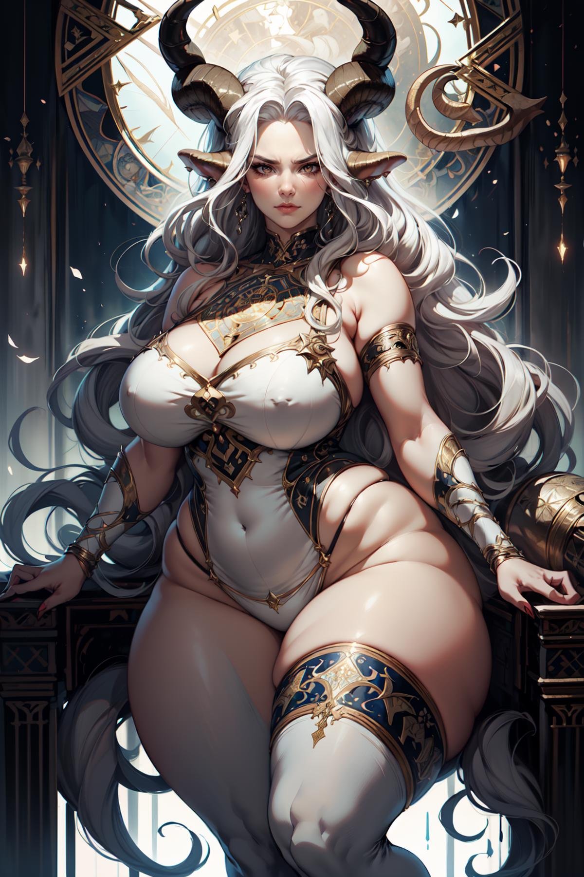 A portrait of the zodiac sign Taurus as a gorgeous woman,  with long white hair,  with large bull horns on the head by Pul...