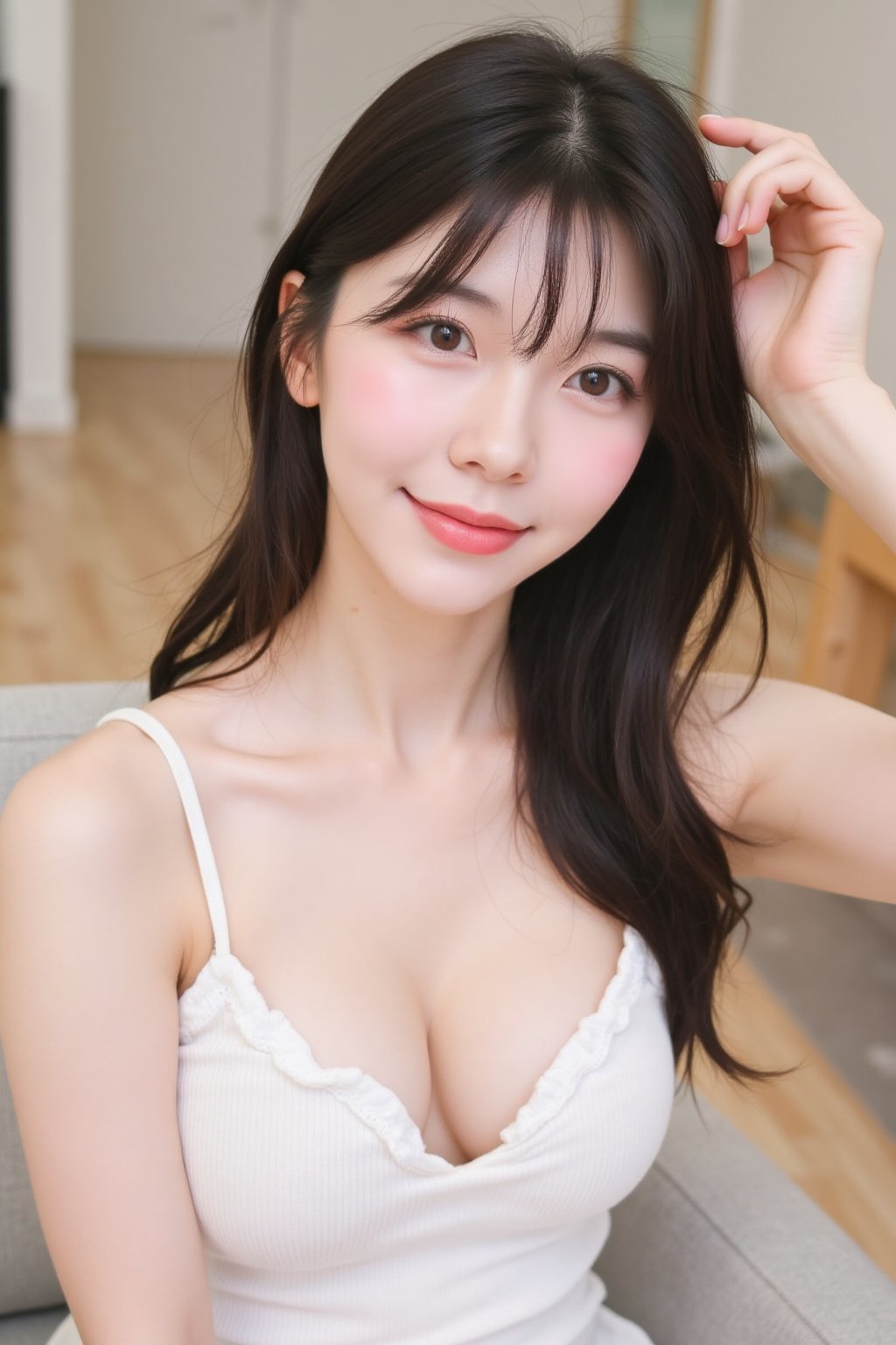 The image shows a young asian woman wearing a hite tank top. She is sitting on a chair,  with one hand resting on her head...