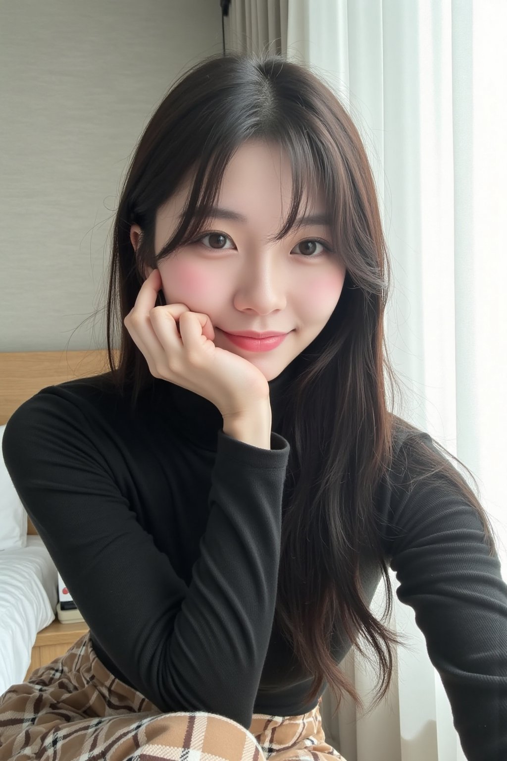 The image shows a young asian woman sitting by a window,  taking a selfie. She is wearing a black turtleneck and a brown a...