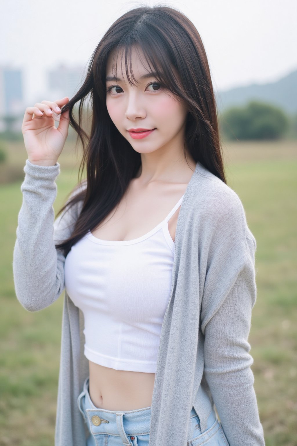 The image shows a young asian woman,  wearing a white top and a light gray cardigan. She is standing outdoors. The woman i...