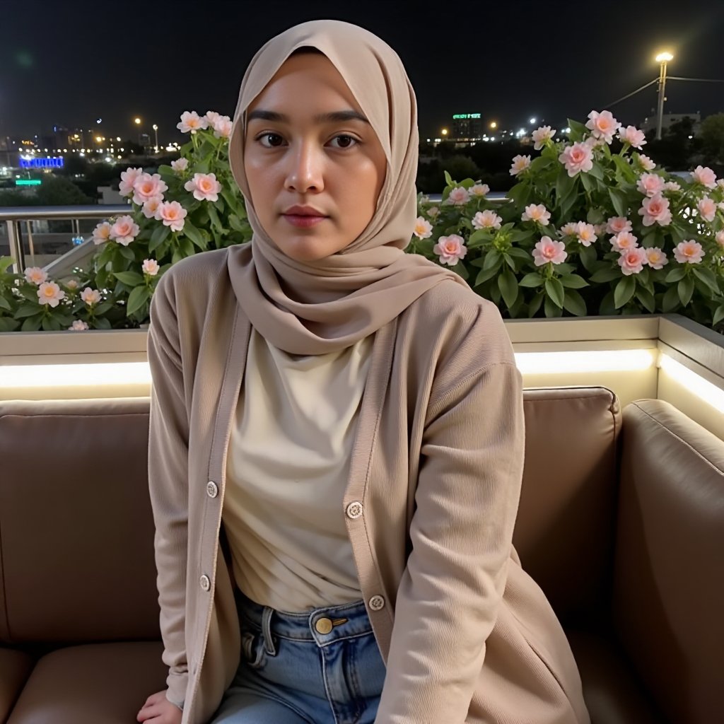 A woman named alya sitting sideways on sofa in sexy pose,  on the rooftop of a luxurious hotel with charming decorations a...