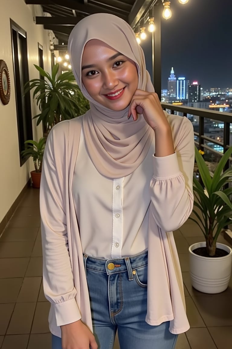 A woman named alya standing in elegant pose,  on the rooftop of a luxurious hotel with charming decorations and the twinkl...
