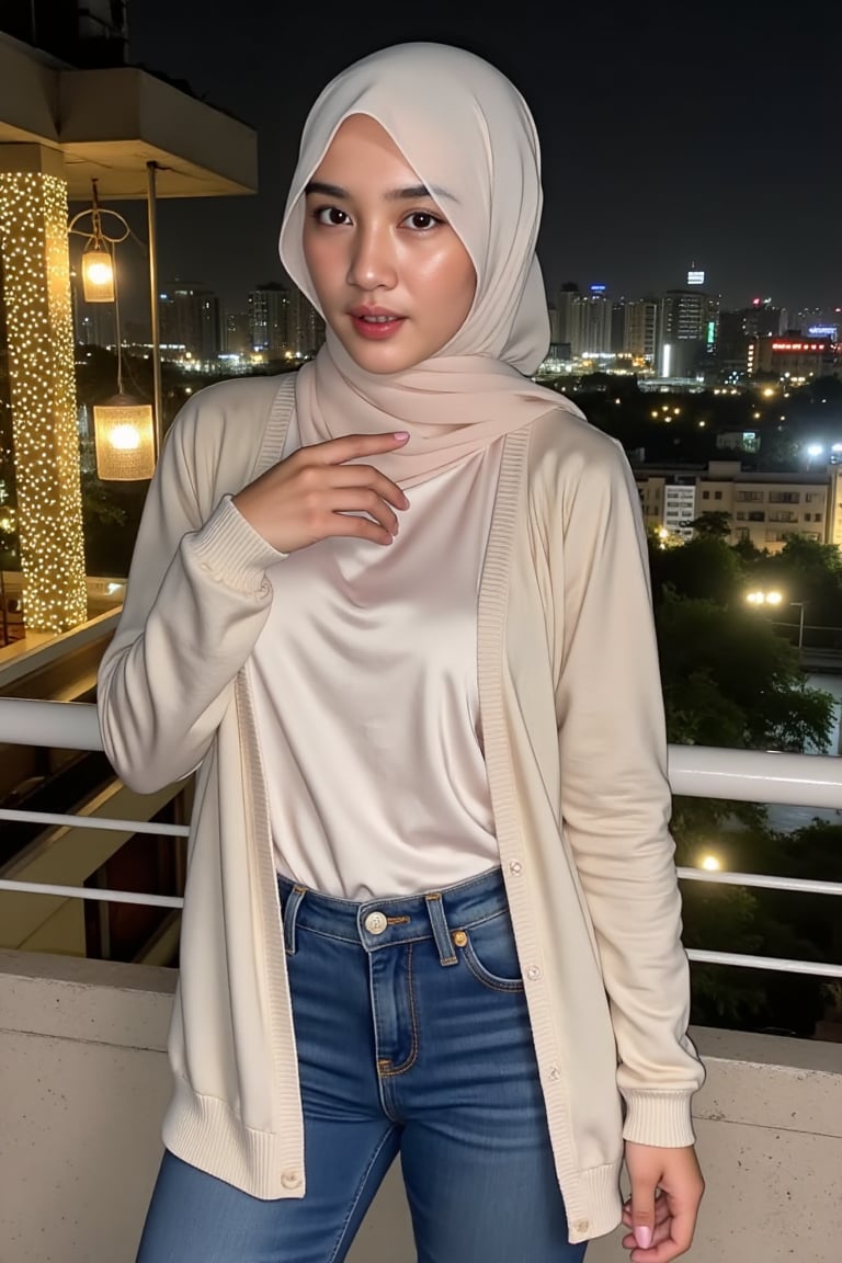 A woman named alya standing in elegant pose,  on the rooftop of a luxurious hotel with charming decorations and the twinkl...
