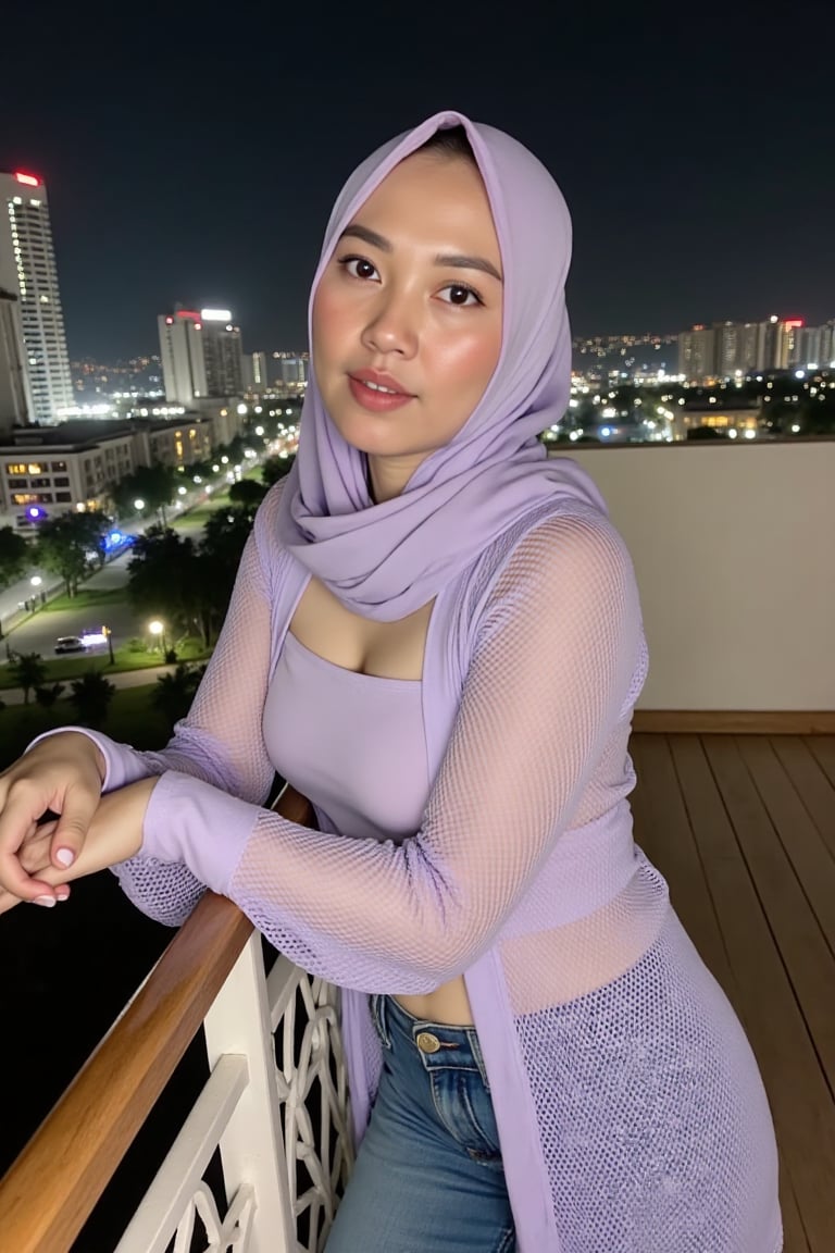 A woman named sania leaning against fence in sexy pose,  on the rooftop of a luxurious hotel with charming decorations and...