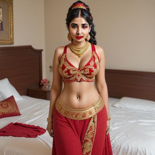 A indian young busty thick figure muslim wife wearing a naqab,  standing near a bed with flowers spread,  wearing a muslim...