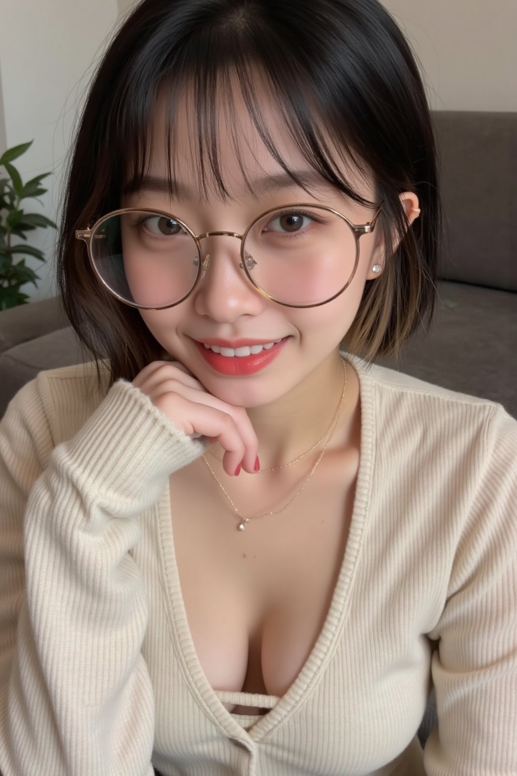 The image shows a young asian woman wearing large round glasses. She is dressed in a light-colored ribbed sweater. The bac...