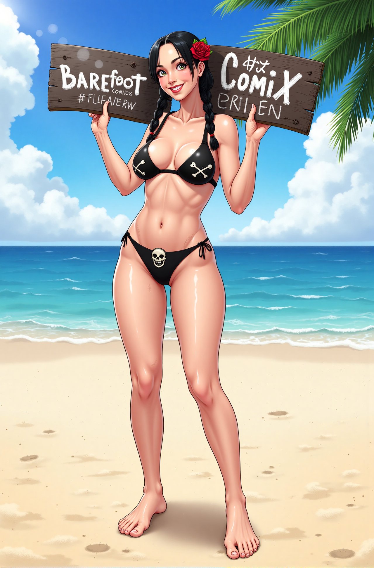 Illustration depicts a smiling Wednesday Addams standing on a sunny Florida beach holding big sign 'Barefoot Comix Anime G...