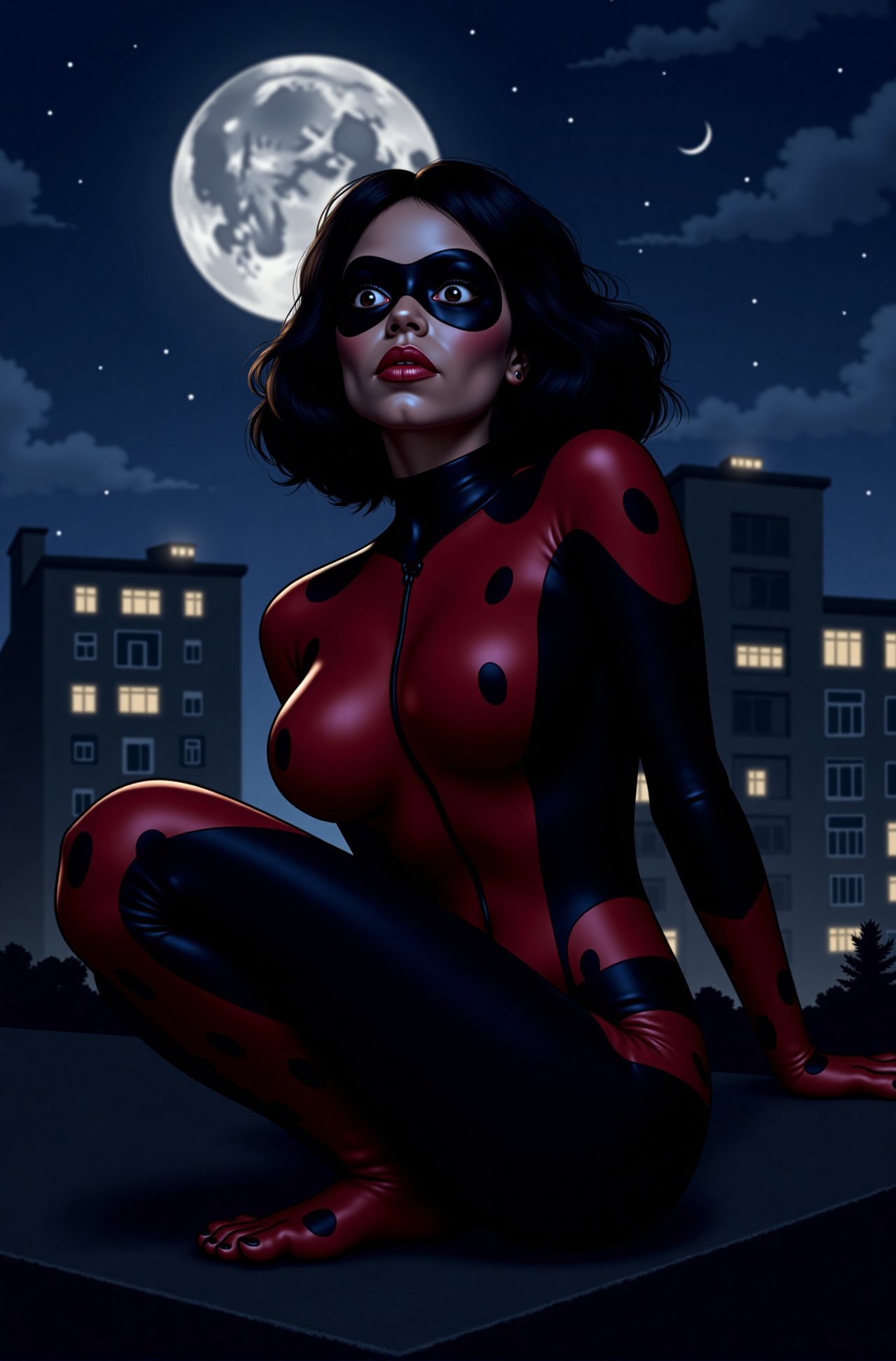 Jenna Ortega is a sultry superheroine,  the Miraculous Ladybug,  crouched on a rooftop overlooking Paris by Mudge on Tenso...