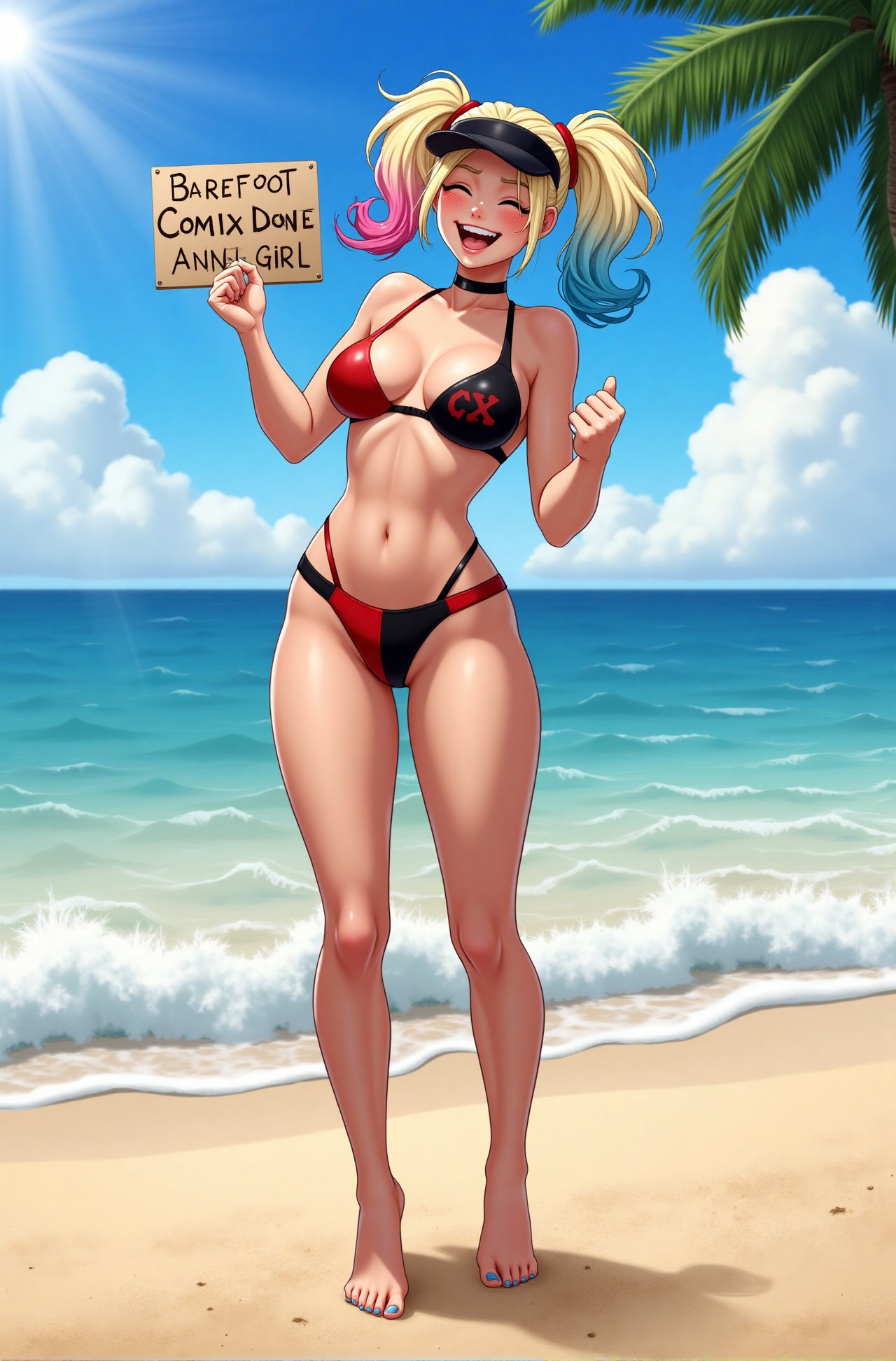 A laughing Harley Quinn in standing on a sunny Florida beach holding big sign 'Barefoot Comix Anime Girl',  blonde hair wi...