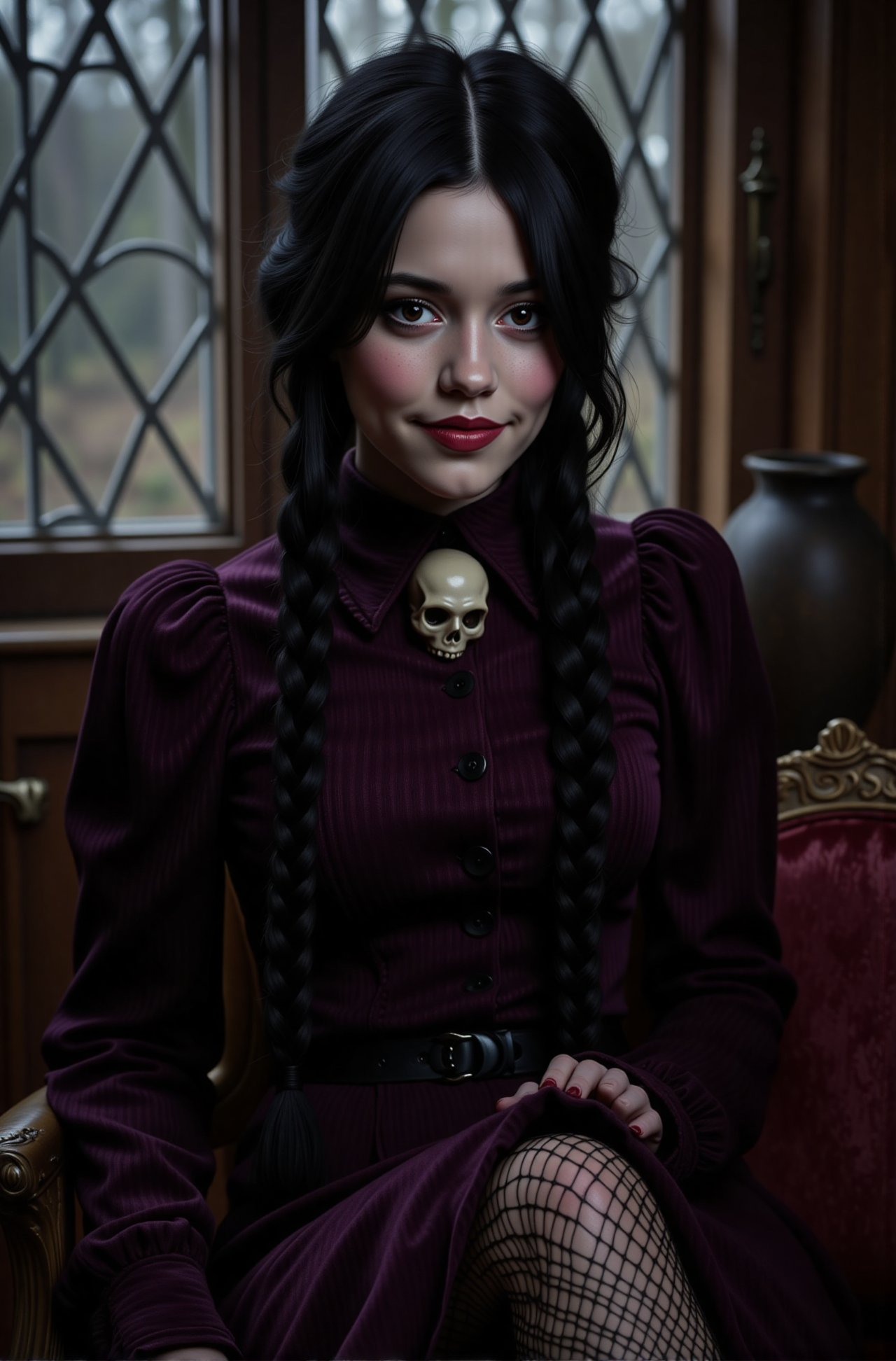 (medium full shot) of (dark goth girl Wednesday Addams) young woman,  tiny build,  extra long black hair in braids by Mudg...