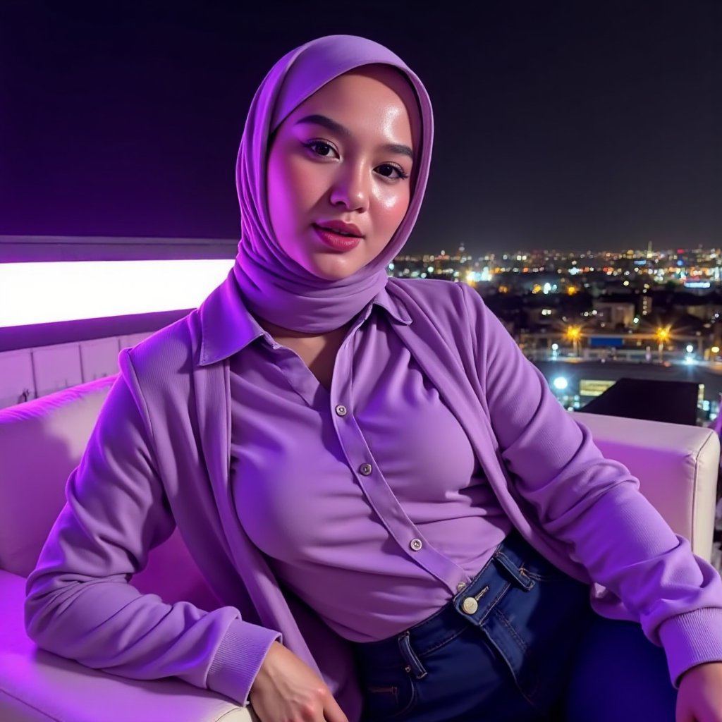 A woman named silvia sitting sideways on sofa in sexy pose,  on the rooftop of a luxurious hotel with charming decorations...