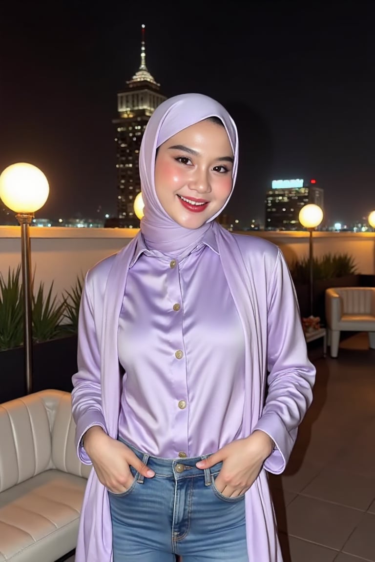 A woman named silvia standing in elegant pose,  on the rooftop of a luxurious hotel with charming decorations and the twin...