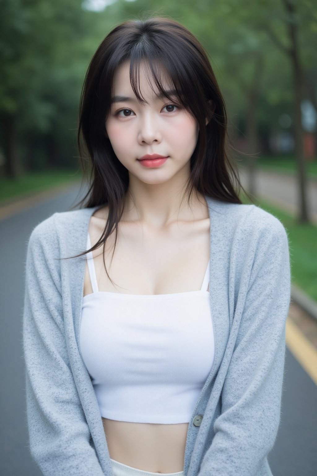 The image shows a young asian woman,  wearing a white top and a light gray cardigan. She is standing outdoors. The woman i...
